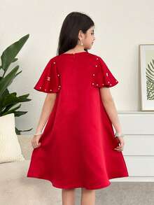 SHEIN Tween Girls' Casual Short Sleeve Round Neck Dress - Red - View 4