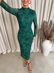 Lavishia Đầm ôm sát in họa tiết trừu tượng thời trang nữ - màu xanh lá - Xem 4