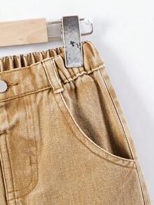 Pantalones cargo de pierna recta y ajuste holgado con pespuntes de contraste para niño - Caqui - Ver 7