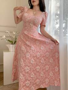 Celisse Đầm midi dáng chữ A màu hồng dệt jacquard, cổ đứng và tay phồng. - Hồng - Xem 5