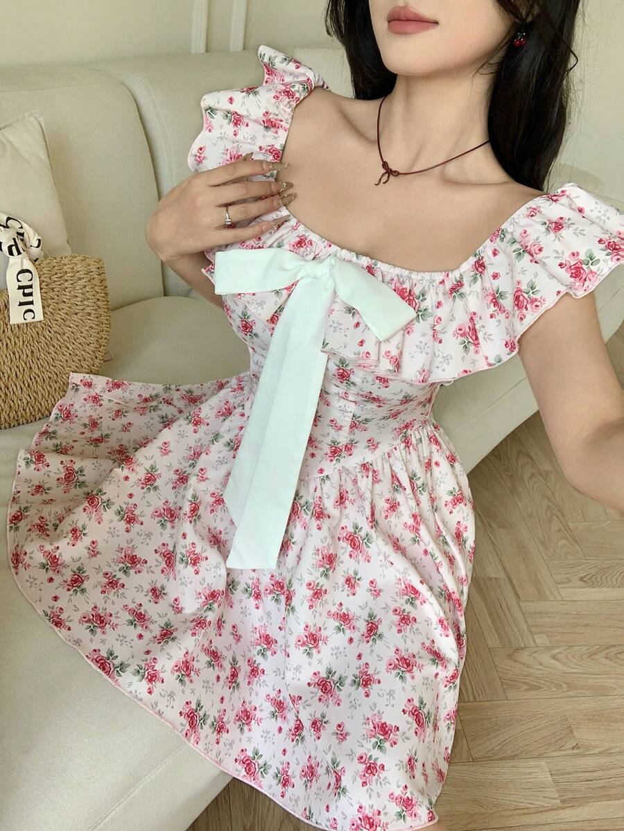 Celisse Women's Elegant Ditsy Floral Off-Shoulder Ruffle Contrast Bow Tie Waist Vacation Dress - Pink - View 1