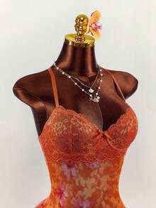 Amplova 女士蕾丝拼接无袖连体裤，热带花卉网纱蕾丝罩杯细节修身连体裤度假装束，女士度假装束，女士假日装束 - 橘色 - 查看 5