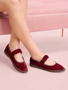 CUCCOO DOLLMOD 女士橙色优雅天鹅绒经典舒适天鹅绒褶皱弹力玛丽珍平底鞋 - 酒紅色 - 查看 8