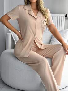 EURMUSE 甜心撞色滚边睡衣套装 – 粉色短袖纽扣家居服，适合情人节和温馨夜晚 - 杏色 - 查看 5