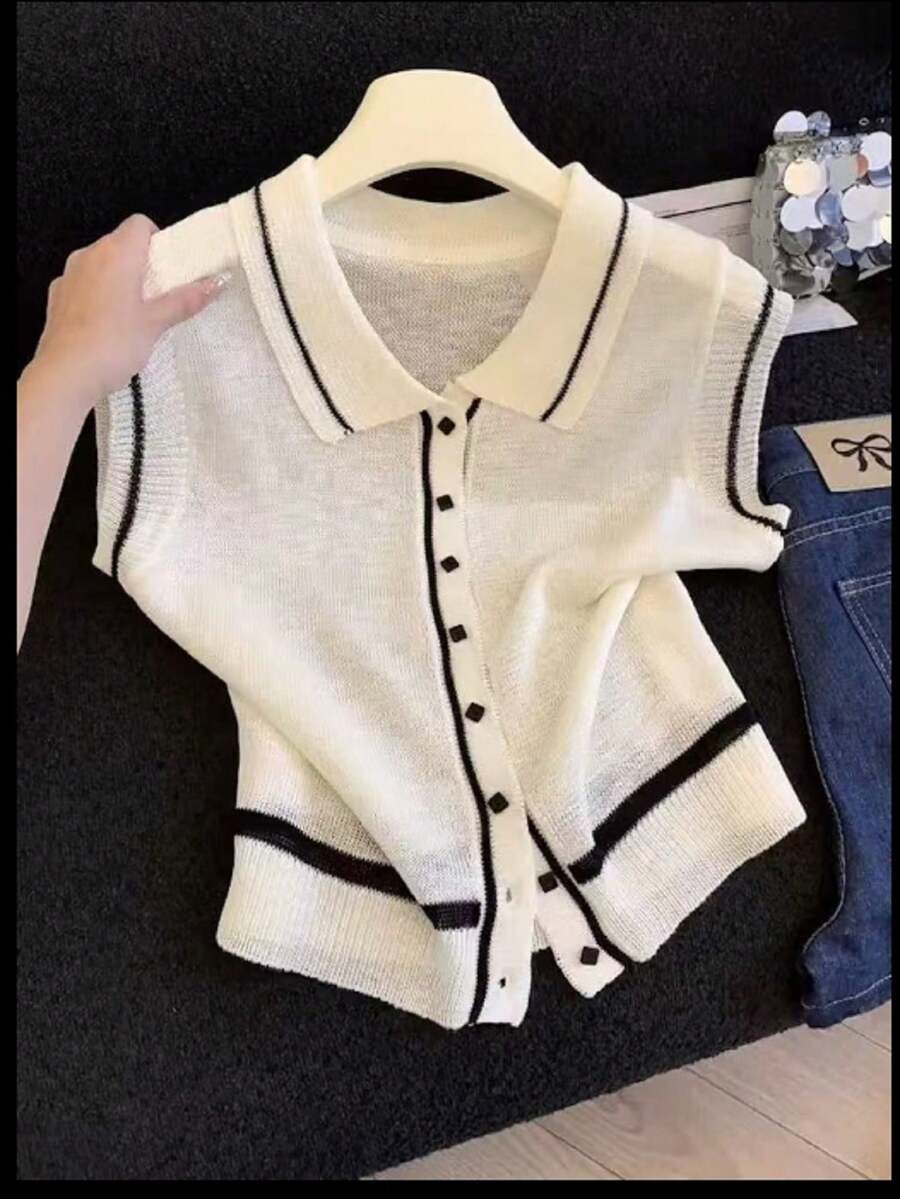 GlowEve Women's Contrast Color Single-Breasted Sleeveless Casual Knit Top - Black and White - View 1