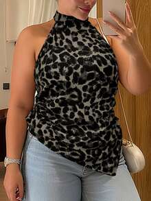 Vionelle 大码女式法式休闲优雅无袖豹纹吊带衫 - 灰色 - 查看 1