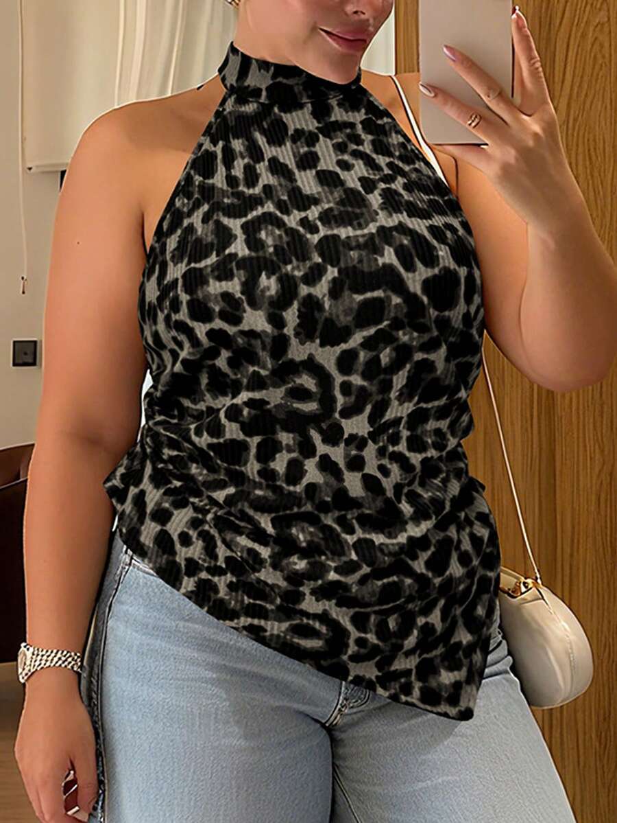 Vionelle 大码女式法式休闲优雅无袖豹纹吊带衫 - 灰色 - 查看 1