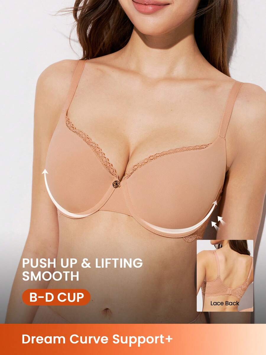 LUVLETTE Sujetador de lencería clásico con efecto push-up y encaje, con soporte para curvas y acabado liso en color nude - Camel - Ver 1