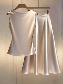 Franclia 两件套女士简约通勤无袖翻领A字腰部休闲套装 - 杏色 - 查看 2