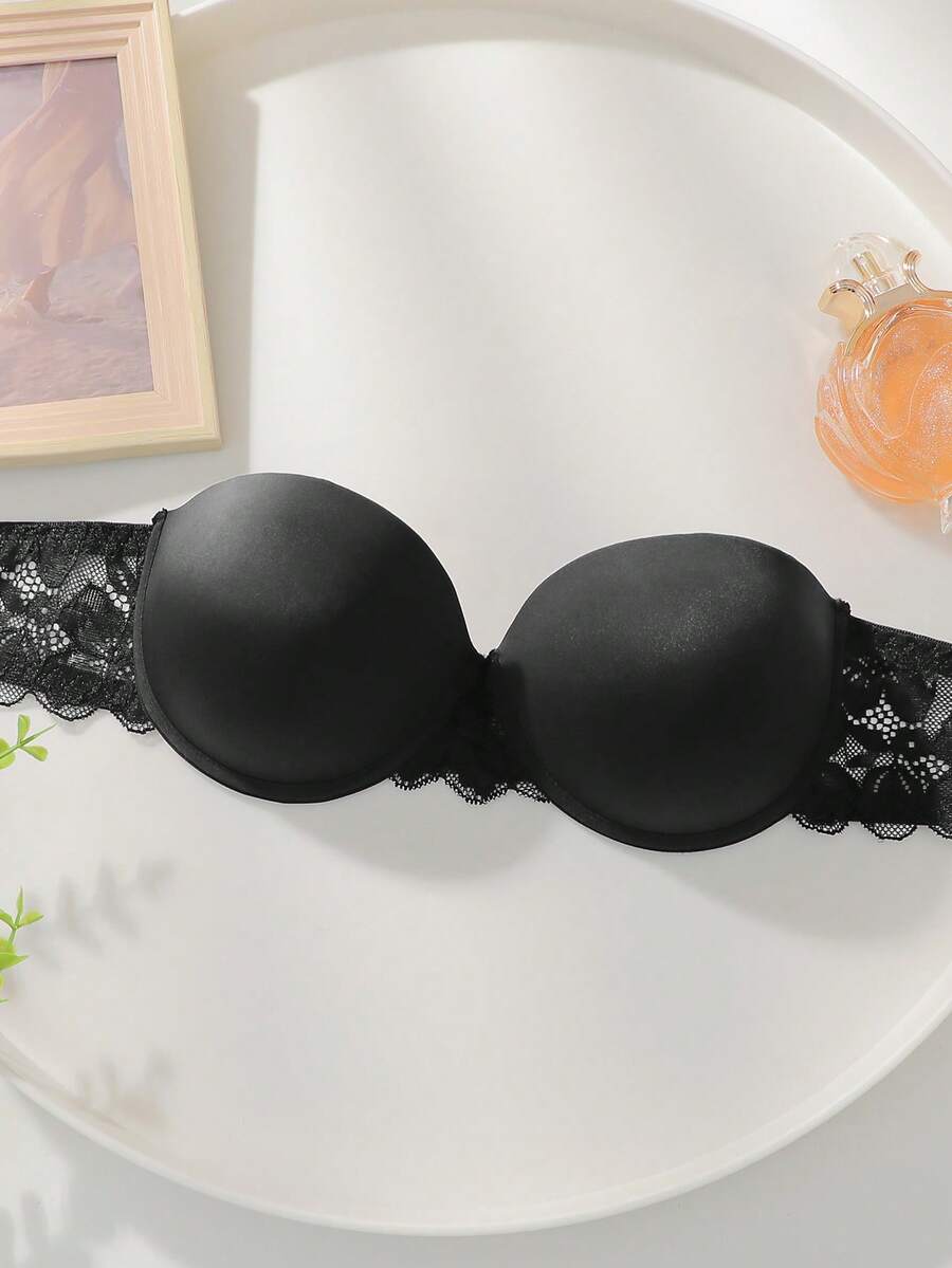 一件蕾丝拼接钢圈胸衣文胸 - 黑色 - 查看 1