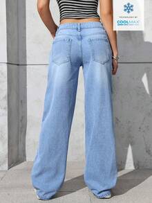 SHEIN PETITE 女士口袋纽扣休闲百搭通勤宽松牛仔阔腿裤 - 淺色水洗藍 - 查看 2