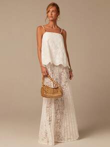 COSMINA Women's Elastic Waist Floral Lace Ruffle Fashionable Sexy Skirt, Elegant Ladies Skirt, Lace Pleated Skirt, White Skirt, Sexy Sheer Skirt, Summer Vacation Lace Skirt, Beach Skirt - White - View 3