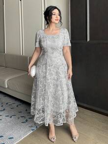 Dazy Plus 纹理面料方领派对连衣裙，收腰优雅连衣裙，春夏款 - 淺灰色 - 查看 5