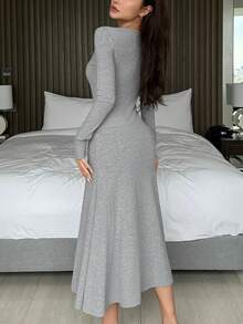 DAZY Faux Placket Design Slim Fit Long Knit Loungewear Dress - Grey - View 2