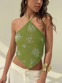 Aloruh Women's Sexy Sequin Backless Halter Top, Summer Beach Vacation Boho Tropical Raves Festival Country Concert Western Wear Summer Top - Green - View 6