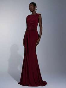 Elitara 优雅弹力针织面料泳衣，圆领带垫肩和褶皱细节，金属纽扣装饰，褶皱腰身，美人鱼廓形，侧边垂褶，适合婚礼、派对、度假、盛会和正式场合（厚款） - 酒紅色 - 查看 7