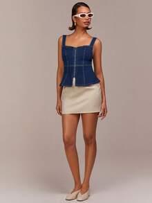 COSMINA Women's Elegant Sleeveless Zip-Up Waist Fitted Denim Blouse, Versatile For Date, Commute And Casual Wear, Early Spring - Dark Wash - View 5