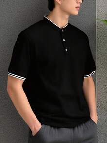 SHEIN Teen Boys' Black Contrast Collar Polo Shirt,Soft Casual Golf Shirt For Summer,Graduation,Back-To-School,Comfortable Fashionable Streetwear Jersey - Black - View 5
