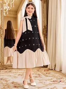 SHEIN Serisse Kids 少女可愛寬鬆優雅立領撞色大蝴蝶結珠飾下擺多層荷葉邊黑色洋裝，少女米色款 - 黑色 - 查看 7