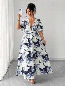 Elenzga Plus Size Women V-Neck Navy Blue & White Floral Print Ruffle Sleeve Summer Elegant Wedding Guest Casual Maxi Wrap Dress For Parties,Graduation,Dates - Navy Blue - View 5