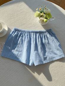 Comfortcana 女士蓝色纯色休闲直筒短裤，带抽绳，梭织面料，打造轻松休闲造型 - 藍色 - 查看 2