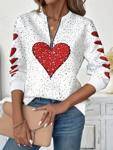 EMERY ROSE 加大码女式爱心波点印花拉链圆领卫衣 - 彩色 - 查看 5