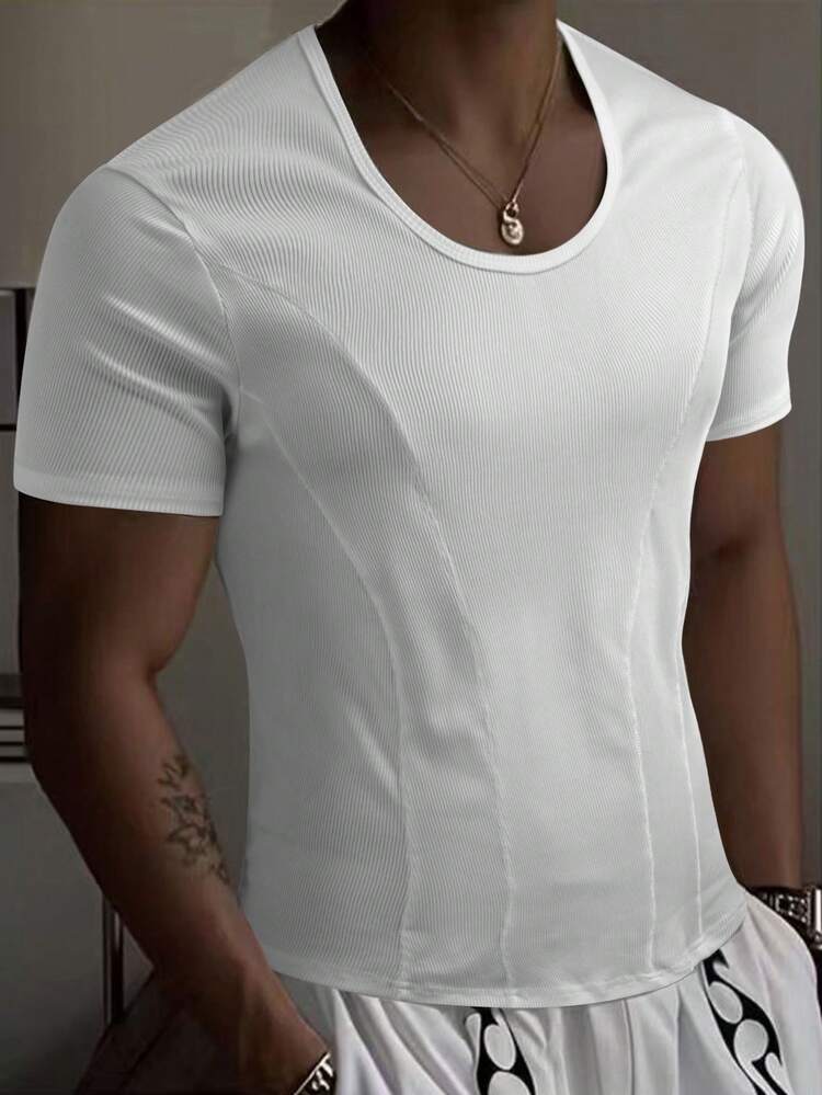 Manfinity 男士休闲纯色圆领短袖T恤 - 白色 - 查看 1