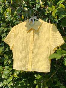 Comfortcana 女士纯色单排扣休闲绉纱短袖衬衫 2026 新款春夏时尚女式沙滩度假休闲上衣 - 淡黃色 - 查看 5