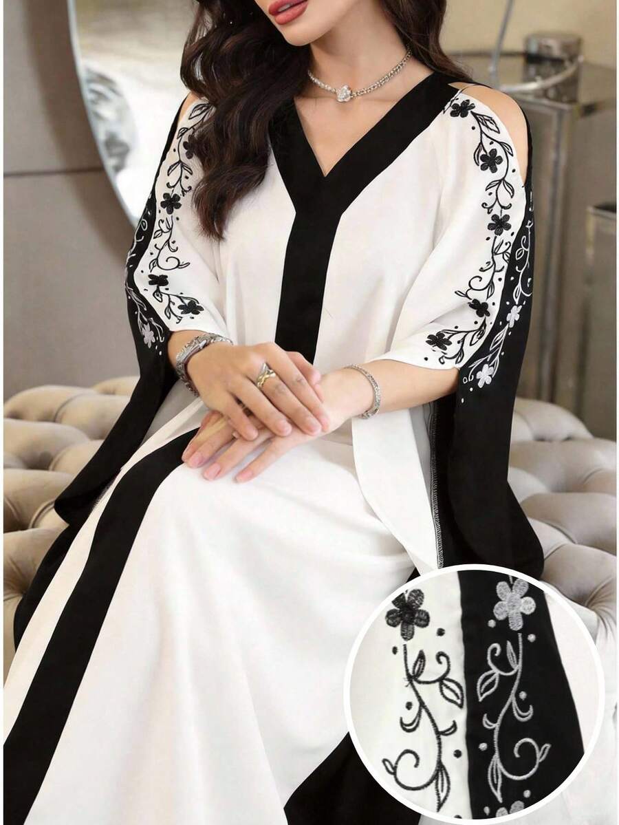 Yasmyna 女士花卉刺绣拼接露肩宽松阿拉伯风格连衣裙