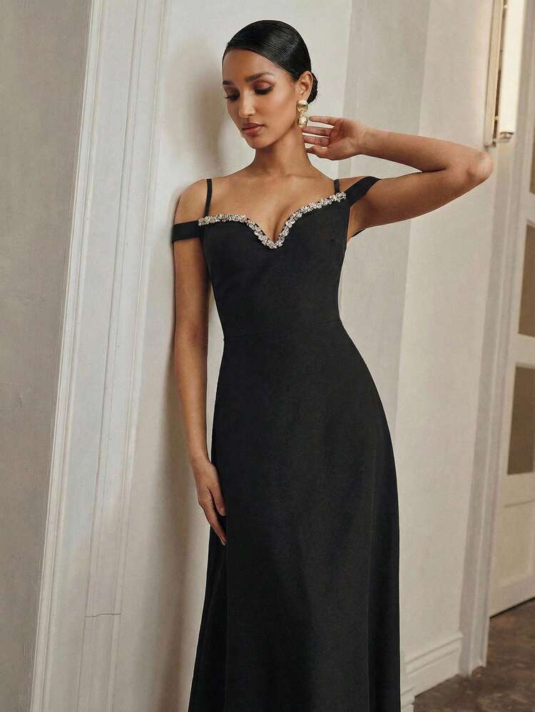 Women's New V-Neck Studded Black Dress, Bodycon Cocktail Party Christmas Street Style Dress