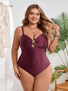 SHEIN CURVE+ Plus Size Women Chest Decor Design Beach Vacation One-Piece Swimsuit - Burgundy - View 6