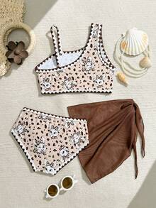 3pcs Young Girl Swimwear Set, Cute Leopard Print Rabbit Bikini With Beach Skirt - Brown - View 2