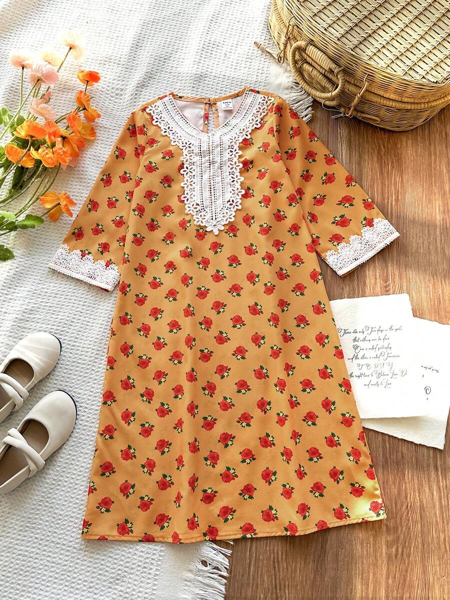 SHEIN Vintaside Kids Girls' Orange Floral Long Sleeve Dress, Fashionable Lace Design Casual Wear For Spring/Autumn - Orange - View 1