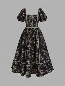 SHEIN MOD 大码碎花撞色滚边连衣裙，浪漫假日 - 黑色 - 查看 1