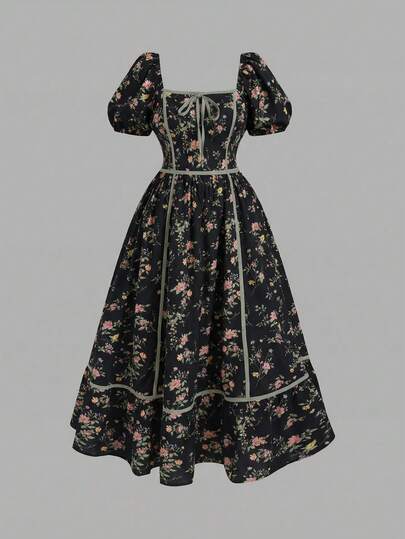 SHEIN MOD Plus Size Snygg Blommig Kontrastklänning, Romantisk Semester