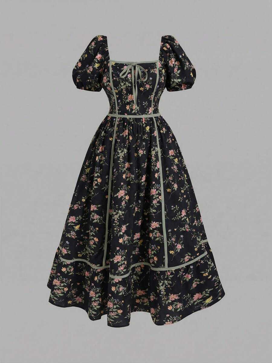 SHEIN MOD 大码碎花撞色滚边连衣裙，浪漫假日 - 黑色 - 查看 1