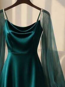 SHEIN Franclia Women's Elegant Satin Pearl Decor Long Sleeve A-Line Dress, Suitable For Commuting, Party And Gathering - Dark Green - View 4