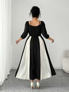 SHEIN Elenzya Vestido elegante de mujer talla grande con cuello cuadrado, mangas farol y diseño de botones en contraste de color - Negro - Ver 2