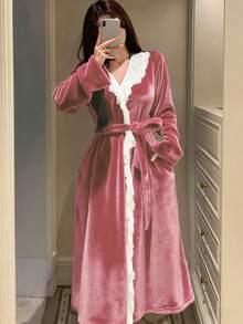 DAZY Women's Long Plush Lace Ruffle Hem Splice Pink Bathrobe, Winter - Baby Pink - View 7