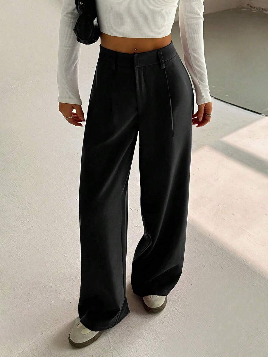 SHEIN Unity 1 chiếc quần ống rộng dáng suông, tối giản, đa năng dành cho nữ, phù hợp cho công sở, học đường, ngày Nhà giáo, mọi mùa, màu đen. - màu đen - Xem 1