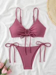 Swim Basics Bộ bikini mùa hè dành cho nữ, màu trơn, buộc dây bên hông, gợi cảm, không gọng. - Hồng - Xem 4
