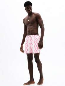 SUMWON Beach Swim Trunks With Wavy Pink Pattern And Drawstring Waistband For Summer Vacation Pool Swimming Shorts - Pink - View 4