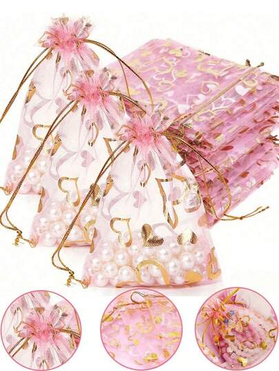 120/60/30/10pcs Red Heart Organza Drawstring Bags, Holiday Surprise Gift Pouches, Wedding Favor Bags, Bridesmaids Gifts, Guest Favors, Jewelry Storage, Bath Gifts, Bachelorette Party Gifts, Candy Gift Mesh Drawstring Bags, Suitable For Holidays, Weddings, Romantic Surprises