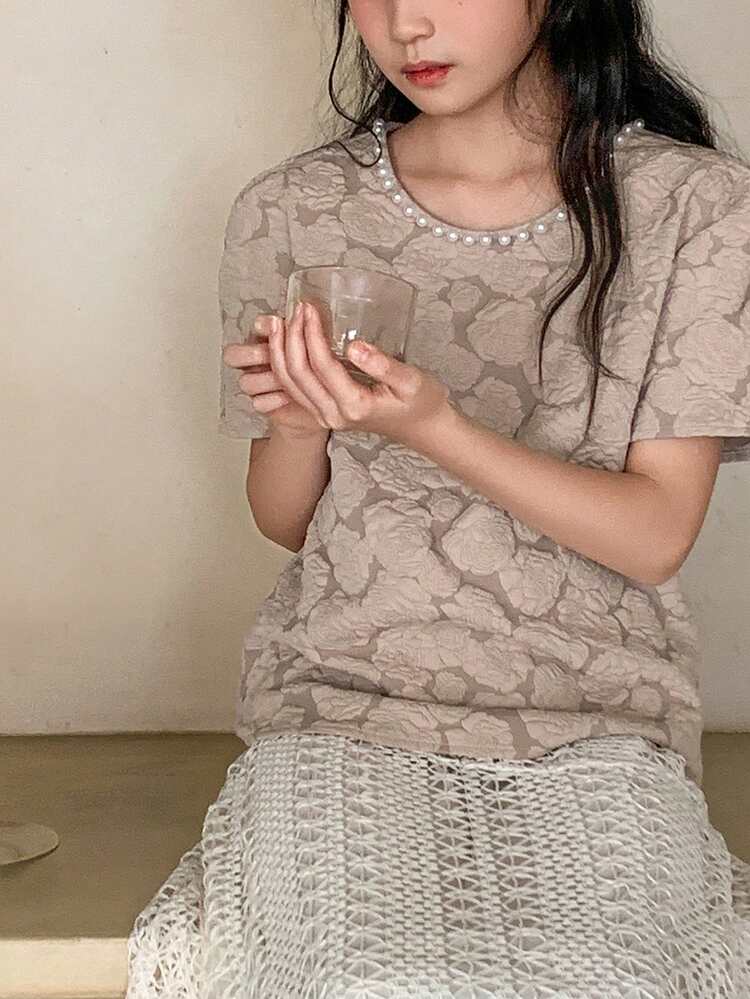 Tween Girl Round Neck Faux Pearl Decor Floral Pattern Design Fashionable Versatile Daily Wear Short Sleeve Blouse Summer