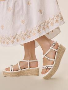 Styleloop 女士编织绳坡跟凉鞋，度假风波西米亚复古美式西部音乐节派对装扮 - 米白色 - 查看 3