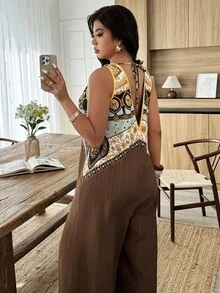 Weeklong Paisley Bohemian Print Paneled Sleeveless Jumpsuit - Retro Vacation & Daily Casual, Fashionable Plus Size, Women's Spring & Summer New Style - Multicolor - View 2