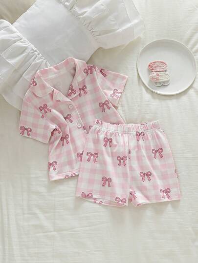 2pcs Baby Girls' Cute Plaid Bow Print Short Sleeve Cardigan Top And Shorts Comfortable Pajama Set Cute Pajama Set