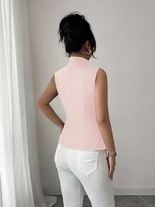 Selianne 复古风前中心装饰纽扣女士无袖衬衫 - 粉色 - 查看 2