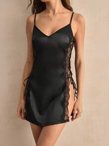 Charlaine 1pc Women's Lace Patchwork Nightgown Dress - Black - View 4