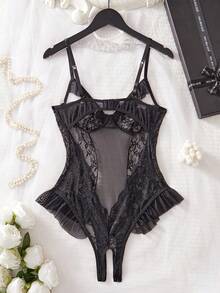 SpicyHot 蕾丝拼接网纱女士性感连体裤（优雅+透视+连体裤+无钢圈） - 黑色 - 查看 2